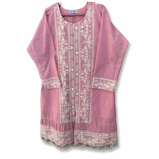 Pink Embroided Kurta With Off White Trouser