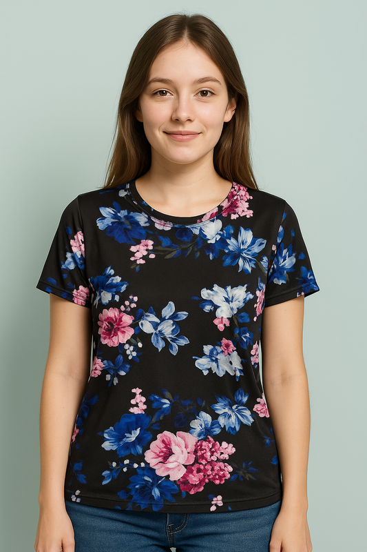 Sangenoor TS007- Women's short sleeves flower Tshirt and Black full Trouser-Soft micro fiber for Summer/Winter