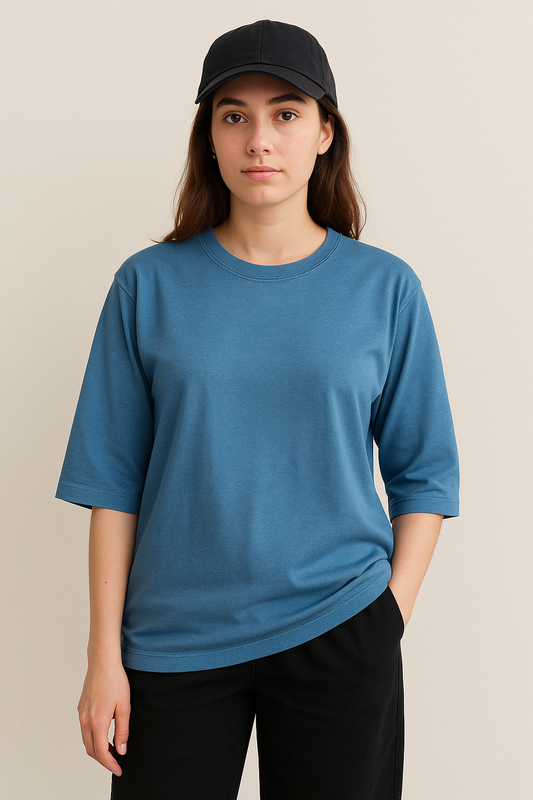 CJ-007 Cotton-Jersey-Blue Women's Tshirt-Causal wear-Quarter sleeves