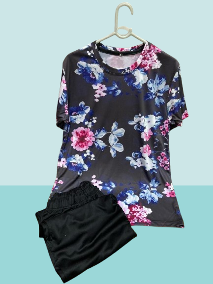 Sangenoor TS007- Women's short sleeves flower Tshirt and Black full Trouser-Soft micro fiber for Summer/Winter