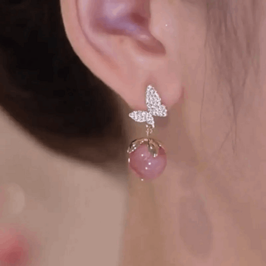 Butterfly Earrings with Pink Cat's Eye Drop (B0730