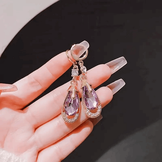 Purple Crystal Water Droplet Earrings – Simple Alloy Design, Perfect Gift for Women (B080)