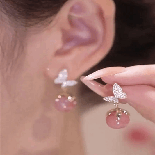 Butterfly Earrings with Pink Cat's Eye Drop (B0730