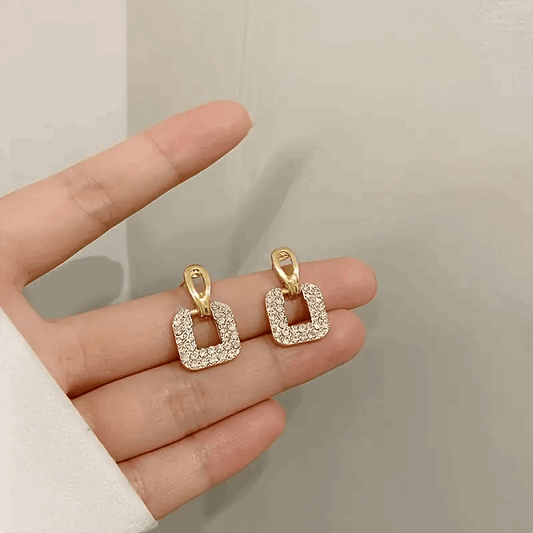 Hollow Square Rhinestone Stud Earrings – Elegant Korean Style for Daily Wear (B065)