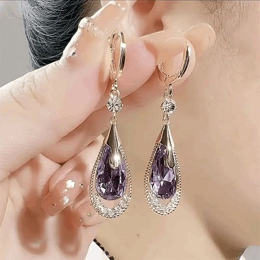 Purple Crystal Water Droplet Earrings – Simple Alloy Design, Perfect Gift for Women (B080)
